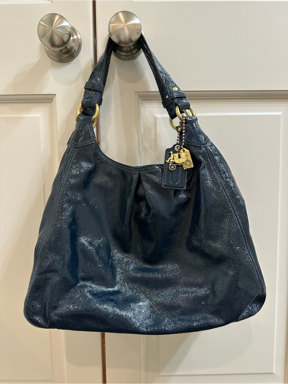 Coach Maggie Bag in Navy Patent Leather with Gold Hardware - 13900